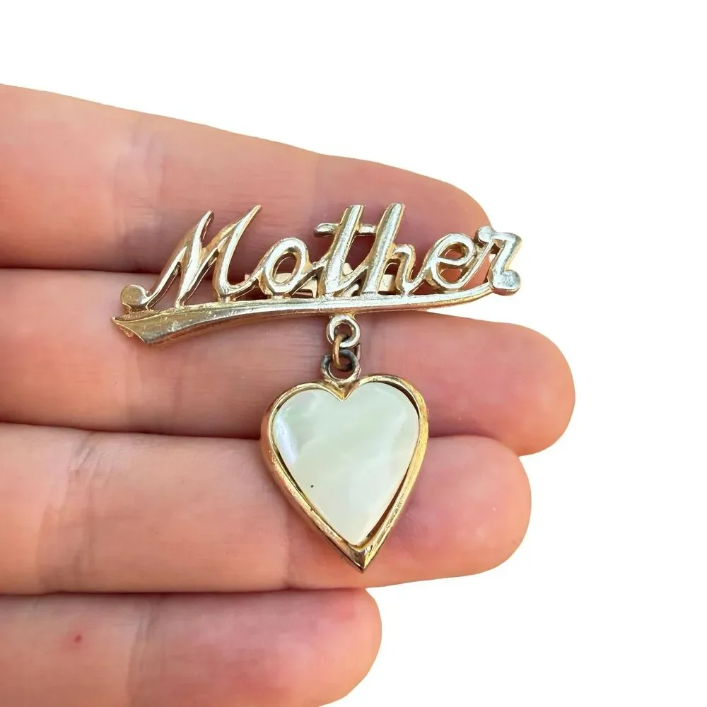 Vintage Jewelry Mother Brooch with mother of pearl charm heart pendant
